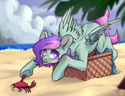 Size: 2500x1932 | Tagged: safe, artist:chibadeer, imported from derpibooru, oc, oc only, oc:blissy, changeling, crab, pegasus, pony, artificial wings, augmented, basket, beach, blushing, changeling oc, commission, cute, disguise, disguised changeling, frog (hoof), heart shaped hooves, mechanical wing, ocean, outdoors, pegasus oc, sand, solo, underhoof, wings, ych result