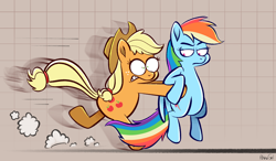 Size: 2154x1257 | Tagged: safe, artist:teradactylgirl, imported from derpibooru, applejack, rainbow dash, earth pony, pegasus, pony, bipedal, female, gritted teeth, holding a pony, mare, pun, rainbow dash is not amused, running, unamused, visual pun