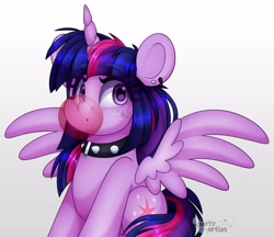 Size: 4000x3461 | Tagged: safe, artist:partylikeanartist, imported from derpibooru, twilight sparkle, alicorn, pony, alternate hairstyle, bubblegum, choker, ear piercing, earring, eye clipping through hair, eyebrows, facial markings, female, food, gum, high res, jewelry, looking away, mare, piercing, punk, simple background, sitting, solo, studded choker, twilight sparkle (alicorn), watermark