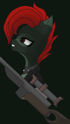 Size: 1636x2882 | Tagged: safe, artist:dvfrost, imported from derpibooru, oc, oc only, pony, fallout equestria, fallout, female, filly, pony oc, ponytails, simple background, solo, weapon