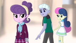 Size: 2208x1242 | Tagged: safe, artist:justsomepainter11, imported from derpibooru, bon bon, suri polomare, sweetie drops, oc, oc:night train, equestria girls, ascot, clothes, commission, crystal prep academy uniform, distracted boyfriend meme, female, male, meme, open mouth, open smile, school uniform, smiling