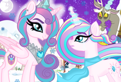 Size: 1280x865 | Tagged: safe, artist:owocrystalcatowo, imported from derpibooru, discord, princess flurry heart, oc, oc:crystal heart, pony, unicorn, clothes, offspring, older, older flurry heart, parent:princess cadance, parent:shining armor, parents:shiningcadance, scarf