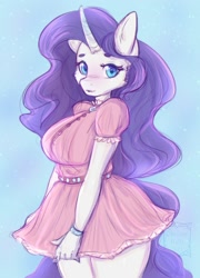 Size: 1296x1800 | Tagged: safe, artist:cheezayballz, imported from derpibooru, rarity, anthro, unicorn, blue background, blushing, blushing profusely, bracelet, breasts, busty rarity, cheek fluff, cute, female, horn, horn ring, jewelry, legs together, looking at you, raribetes, ring, simple background, sketch, smiling, solo