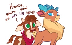 Size: 1500x945 | Tagged: safe, artist:switchsugar, imported from derpibooru, part of a set, cow, deer, reindeer, them's fightin' herds, arizona (tfh), astonished, community related, dialogue, female, neckerchief, simple background, smug, velvet (tfh)