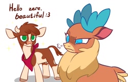 Size: 1344x865 | Tagged: safe, artist:switchsugar, imported from derpibooru, part of a set, cow, deer, reindeer, them's fightin' herds, arizona (tfh), arizonadorable, cloven hooves, community related, cringing, cute, dialogue, female, neckerchief, simple background, smiling, unamused, velvet (tfh), velvet is not amused