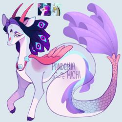 Size: 3200x3200 | Tagged: safe, artist:pandemiamichi, imported from derpibooru, oc, oc only, seapony (g4), blue eyes, blue mane, dorsal fin, fins, fish tail, flowing tail, gray background, high res, jewelry, lidded eyes, looking at you, necklace, seashell, signature, simple background, solo, tail, wings