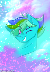 Size: 838x1204 | Tagged: safe, artist:janeblood969, imported from derpibooru, oc, oc:chilly tunes, community related, looking at you, male, one eye closed, smiling, smiling at you, stallion, wink, winking at you