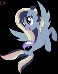 Size: 446x566 | Tagged: safe, artist:angelinaveve, imported from derpibooru, oc, oc only, pegasus, seapony (g4), base used, black background, dorsal fin, female, fin wings, fins, fish tail, flowing tail, open mouth, purple eyes, seaponified, signature, simple background, smiling, solo, species swap, spread wings, tail, wings