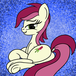 Size: 2000x2000 | Tagged: safe, artist:dafiltafish, imported from derpibooru, roseluck, earth pony, pony, abstract background, butt, female, high res, looking at you, mare, plot, rosebutt, solo