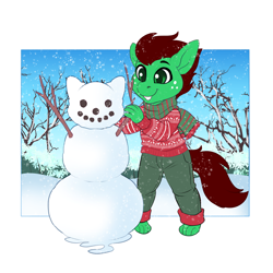 Size: 4000x4000 | Tagged: safe, artist:minettefraise, imported from derpibooru, oc, oc only, oc:northern haste, anthro, clothes, commission, scarf, snow, snowfall, snowman, snowmare, solo, tree, winter, ych result