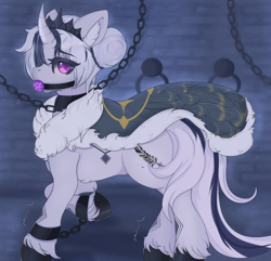 Size: 3110x3000 | Tagged: safe, artist:munrei, imported from derpibooru, oc, oc only, oc:chloe white, pony, unicorn, ballgag, chains, collar, commission, crown, cuffs, dungeon, female, gag, hair ornament, high res, jewelry, mantle, mare, raised hoof, regalia, shackles, unshorn fetlocks