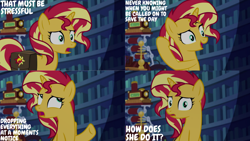 Size: 1280x720 | Tagged: safe, edit, edited screencap, editor:quoterific, imported from derpibooru, screencap, sunset shimmer, pony, unicorn, equestria girls, mirror magic, spoiler:eqg specials, bag, female, library, mare, open mouth, open smile, saddle bag, smiling, solo, twilight's castle, twilight's castle library