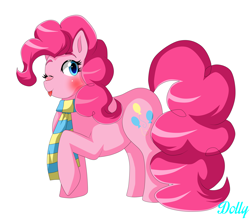 Size: 5700x5000 | Tagged: safe, artist:dollybrownpigtails, imported from derpibooru, pinkie pie, earth pony, pony, blushing, clothes, eyelashes, female, mare, one eye closed, scarf, simple background, solo, striped scarf, tongue out, white background, wink