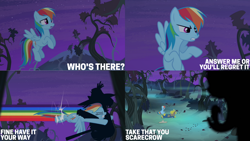 Size: 1280x720 | Tagged: safe, edit, edited screencap, editor:quoterific, imported from derpibooru, screencap, rainbow dash, pegasus, pony, bats!, season 4, eyes closed, female, flying, mare, night, open mouth, rainbow trail, scarecrow, solo