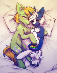 Size: 1327x1695 | Tagged: safe, artist:faract, imported from derpibooru, oc, oc only, oc:hoping light, oc:passi deeper, pony, unicorn, bed, bedsheets, blanket, blushing, chest fluff, coat markings, colored pupils, cuddling, cute, duo, duo male, eyebrows, eyebrows visible through hair, eyes closed, floppy ears, gay, happy, heart eyes, horn, hug, lidded eyes, looking at each other, looking at someone, lying down, male, morning, oc x oc, open mouth, pillow, ponytail, salivating, shipping, shy, sleeping, smiling, smiling at each other, socks (coat markings), stallion, stallion on stallion, tail, unicorn oc, wingding eyes