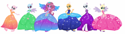 Size: 2176x594 | Tagged: safe, artist:gihhbloonde, imported from derpibooru, oc, oc only, equestria girls, bald, base used, clothes, dress, eyelashes, group, simple background, smiling, white background