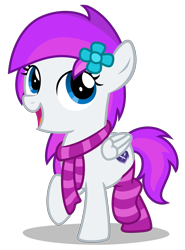 Size: 2470x3330 | Tagged: safe, artist:strategypony, imported from derpibooru, oc, oc only, oc:lavanda, pegasus, pony, clothes, cute, female, filly, flower, flower in hair, high res, looking up, ocbetes, pegasus oc, scarf, simple background, socks, striped scarf, striped socks, transparent background, walking