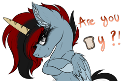 Size: 2766x1839 | Tagged: safe, artist:beamybutt, imported from derpibooru, oc, oc only, alicorn, pony, alicorn oc, bread, bust, colored wings, ear fluff, eyelashes, female, food, horn, mare, simple background, smiling, smirk, talking, transparent background, two toned wings, wings