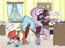 Size: 4213x3115 | Tagged: safe, artist:beamybutt, imported from derpibooru, oc, oc only, bat pony, pony, bat pony oc, bat wings, dialogue, duo, ear fluff, eyelashes, face down ass up, female, hoof polish, indoors, kitchen, male, mare, stallion, wings