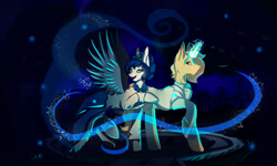 Size: 2000x1200 | Tagged: safe, artist:mirtalimeburst, imported from derpibooru, oc, oc only, pegasus, pony, unicorn, clothes, duo, glowing, glowing horn, horn, looking back, pegasus oc, raised hoof, smiling, unicorn oc