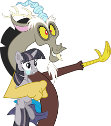 Size: 2657x3000 | Tagged: safe, artist:frownfactory, artist:wardex101, edit, imported from derpibooru, discord, twilight sparkle, draconequus, pony, unicorn, the return of harmony, crying, discorded, discorded twilight, duo, ear fluff, female, frown, gritted teeth, high res, holding a pony, horn, male, mare, simple background, smiling, tail, toy story, transparent background, twilight tragedy, unicorn twilight, vector, wings, x x everywhere