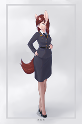 Size: 3587x5425 | Tagged: safe, artist:龙宠, imported from derpibooru, oc, oc only, oc:stowe finberg, anthro, unicorn, absurd resolution, anthro oc, broken horn, clothes, female, high heels, horn, mare, military, military pony, military uniform, shoes, solo, uniform