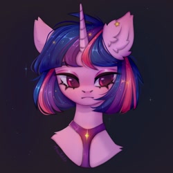 Size: 1500x1500 | Tagged: safe, artist:arisuyukita, imported from derpibooru, twilight sparkle, pony, unicorn, bust, collaboration, collaboration:too many twilight, ear fluff, female, horn, mare, portrait, simple background, solo, stars