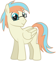 Size: 1100x1200 | Tagged: safe, artist:windy gleam, imported from derpibooru, oc, oc only, pegasus, pony, derpibooru community collaboration, 2022 community collab, blue eyes, folded wings, full body, glasses, male, pegasus oc, show accurate, simple background, smiling, solo, stallion, standing, tail, transparent background, two toned mane, two toned tail, wings
