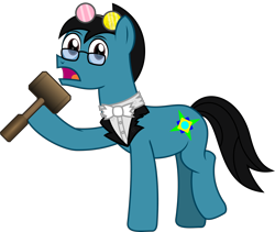 Size: 2412x2039 | Tagged: safe, artist:sketchmcreations, derpibooru exclusive, imported from derpibooru, oc, oc only, oc:sketch mythos, earth pony, pony, derpibooru community collaboration, 2022 community collab, bowtie, collar, deltarune, earth pony oc, frown, glasses, hammer, high res, hoof hold, looking at you, male, open mouth, raised hoof, raised leg, simple background, solo, spamton, stallion, sunglasses, transparent background, vector