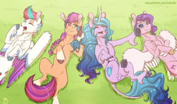 Size: 2300x1348 | Tagged: safe, artist:inuhoshi-to-darkpen, imported from derpibooru, izzy moonbow, pipp petals, sunny starscout, zipp storm, earth pony, pegasus, pony, unicorn, chest fluff, comfy, ear fluff, eyes closed, folded wings, frog (hoof), g5, grass, grass field, leg fluff, leonine tail, lying down, my little pony: a new generation, on back, open mouth, pointing, spread wings, sunglasses, tail, underhoof, wings, yawn
