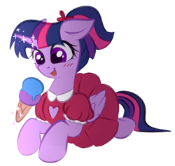 Size: 2071x1961 | Tagged: safe, artist:vetta, imported from derpibooru, twilight sparkle, alicorn, pony, alternate hairstyle, blushing, clothes, cute, dress, female, food, glowing, glowing horn, happy, heart, horn, ice cream, ice cream cone, lying down, mare, ponytail, simple background, smiling, solo, sweet dreams fuel, twiabetes, twilight sparkle (alicorn), white background