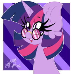 Size: 1280x1280 | Tagged: safe, artist:ladylullabystar, imported from derpibooru, twilight sparkle, pony, bust, portrait, purple, solo, sunglasses
