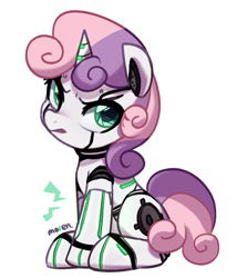 Size: 1452x1697 | Tagged: safe, artist:maren, imported from derpibooru, sweetie belle, pony, robot, robot pony, unicorn, angry, cute, diasweetes, female, looking at you, simple background, sitting, solo, sweetie bot, white background