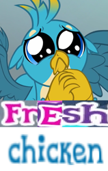 Size: 765x1210 | Tagged: safe, editor:horsesplease, imported from derpibooru, gallus, bird, chicken, caption, expand dong, exploitable meme, gallus the rooster, gallusposting, image macro, meme, puppy dog eyes, puppy-eyed gallus