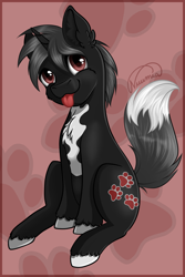 Size: 2499x3736 | Tagged: safe, artist:nuumia, imported from derpibooru, oc, oc only, oc:dog whisperer, pony, unicorn, :p, abstract background, black fur, brown eyes, chest fluff, cute, ear fluff, fluffy tail, fox tail, gray mane, high res, hooves, horn, looking at you, male, signature, sitting, solo, stallion, tail, tail fluff, three quarter view, tongue out, unshorn fetlocks, white fur