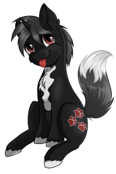 Size: 2499x3736 | Tagged: safe, artist:nuumia, imported from derpibooru, oc, oc only, oc:dog whisperer, pony, unicorn, derpibooru community collaboration, 2022 community collab, :p, black fur, brown eyes, chest fluff, cute, ear fluff, fluffy tail, fox tail, gray mane, high res, hooves, horn, looking at you, male, simple background, sitting, solo, stallion, tail, tail fluff, three quarter view, tongue out, transparent background, unshorn fetlocks, white fur