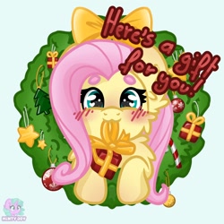 Size: 1280x1280 | Tagged: safe, artist:minty joy, imported from derpibooru, fluttershy, pegasus, pony, blue eyes, blush sticker, blushing, bow, candy, candy cane, cheek fluff, chest fluff, christmas, christmas tree, christmas wreath, cute, ear fluff, female, food, gift wrapped, heart eyes, holiday, mare, present, simple background, smiling, solo, sparkles, starry eyes, stars, text, tree, wingding eyes, wreath, ych example, your character here