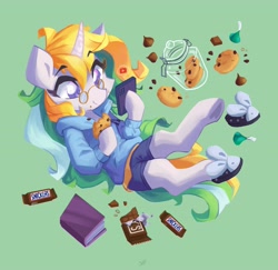 Size: 4096x3983 | Tagged: safe, artist:saxopi, imported from derpibooru, oc, oc only, semi-anthro, unicorn, book, clothes, cookie, eating, food, snickers, solo