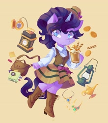 Size: 3611x4096 | Tagged: safe, artist:saxopi, imported from derpibooru, oc, oc only, semi-anthro, unicorn, bag, book, clock, clothes, lamp, lantern, solo