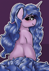 Size: 1362x1960 | Tagged: safe, artist:llametsul, imported from derpibooru, izzy moonbow, pony, unicorn, butt, colored, explicit source, eyebrows, eyebrows visible through hair, eyeshadow, female, fluffy, g5, izzy moonbutt, looking at you, looking back, looking back at you, makeup, mare, my little pony: a new generation, rear view, smiling, smiling at you, solo, tail