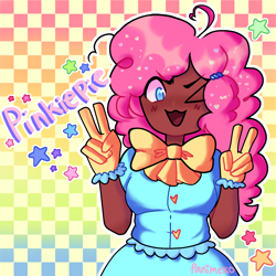 Size: 1280x1280 | Tagged: safe, artist:panimeko, imported from derpibooru, pinkie pie, human, bowtie, clothes, cute, dark skin, diapinkes, dress, female, gloves, humanized, one eye closed, open mouth, solo, wink