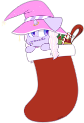 Size: 1868x2744 | Tagged: safe, artist:jetjetj, imported from derpibooru, oc, oc only, oc:fullmoon bellring, pony, unicorn, candy, candy cane, christmas, christmas stocking, female, food, hat, holiday, mare, mouth hold, simple background, solo, transparent background, witch hat