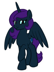 Size: 774x1032 | Tagged: safe, artist:sjart117, imported from derpibooru, oc, oc only, oc:nyx, alicorn, pony, derpibooru community collaboration, 2022 community collab, alicorn oc, female, full body, horn, mare, permission given, purple mane, purple tail, raised hoof, simple background, smiling, solo, spread wings, standing, tail, transparent background, wings