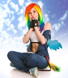 Size: 1080x1231 | Tagged: safe, artist:natsumipon, imported from derpibooru, rainbow dash, human, belly button, clothes, cosplay, costume, dashface, fingerless gloves, gloves, irl, irl human, photo, shoes, sitting, sneakers