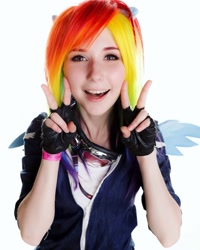 Size: 1080x1350 | Tagged: safe, artist:natsumipon, imported from derpibooru, rainbow dash, human, clothes, cosplay, costume, double peace sign, fingerless gloves, gloves, irl, irl human, peace sign, photo, simple background, white background