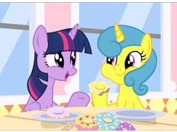 Size: 2732x2048 | Tagged: safe, artist:turnaboutart, imported from derpibooru, lemon hearts, twilight sparkle, alicorn, pony, unicorn, the ending of the end, base used, date, donut, eating, female, food, high res, lemonlight, lesbian, plate, shipping, talking, twilight sparkle (alicorn)