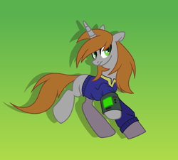 Size: 1000x900 | Tagged: safe, artist:hoorncorn, imported from derpibooru, oc, oc only, oc:littlepip, pony, unicorn, fallout equestria, clothes, female, gradient background, horn, mare, pipbuck, running, solo, unicorn oc