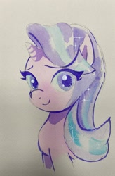 Size: 1223x1865 | Tagged: safe, artist:majoy_tokyo, imported from derpibooru, starlight glimmer, pony, unicorn, cropped, female, looking at you, mare, simple background, smiling, solo, traditional art, watercolor painting, white background