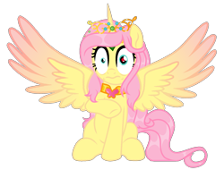 Size: 1587x1204 | Tagged: safe, artist:vi45, imported from derpibooru, fluttershy, oc, oc only, oc:princess fluttershy, alicorn, pony, derpibooru community collaboration, teacher of the month (episode), spoiler:interseason shorts, 2022 community collab, alicorn oc, alicornified, alternate design, alternate hairstyle, alternate universe, au:friendship is kindness, colored wings, commission, element of kindness, horn, jewelry, my eyes, race swap, simple background, solo, tiara, transparent background, two toned wings, white background, wings, wtf face, ych result