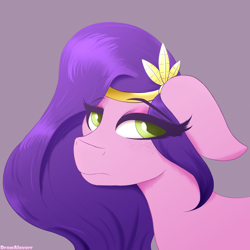 Size: 2480x2480 | Tagged: safe, artist:drawalaverr, imported from derpibooru, pipp petals, pegasus, pony, spoiler:my little pony: a new generation, adorapipp, bust, crown, cute, eye clipping through hair, eyeshadow, fanart, female, floppy ears, g5, high res, jewelry, makeup, mare, my little pony: a new generation, offscreen character, portrait, quadrupedal, regalia, simple background, solo